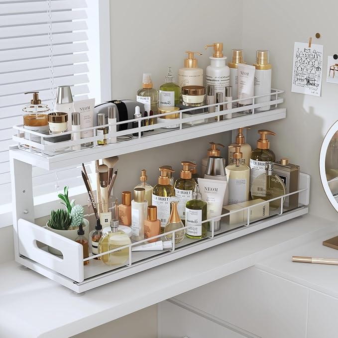Under Sink Organizer Upgrade To Professional Rails,2-Tier Dual Pull Out Cabinet Storage,Height Adjustable Slide Out Drawers For Bathroom Kitchen,1 Pack-21"Dx12.8"-16.9"H,White