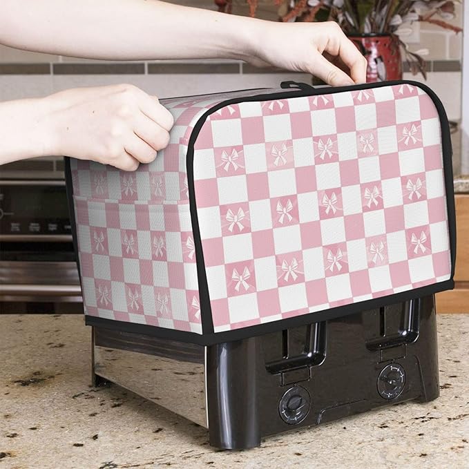 Toaster Cover 2 Slice Pink Check Bow Pattern Kitchen Small Appliance Covers with Pockets Dust and Fingerprint Protection