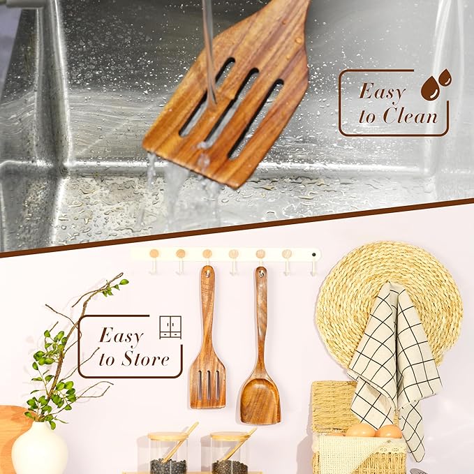 FJNATINH 2 Pcs Wooden Spatula Set for Cooking, Natural Teak Spatula and Slotted Turner for Non-stick Cookware, Kitchen Cooking Utensils for Frying Flipping Pancake Spatula