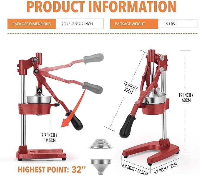 19 Inch Height Extra Tall Commercial Heavy Duty Cast Iron Hand Press Manual Orange Citrus Lemon Lime Grapefruit Pomegranate Fruit Juice Squeezer Machine with Stainless Steel Cup Red