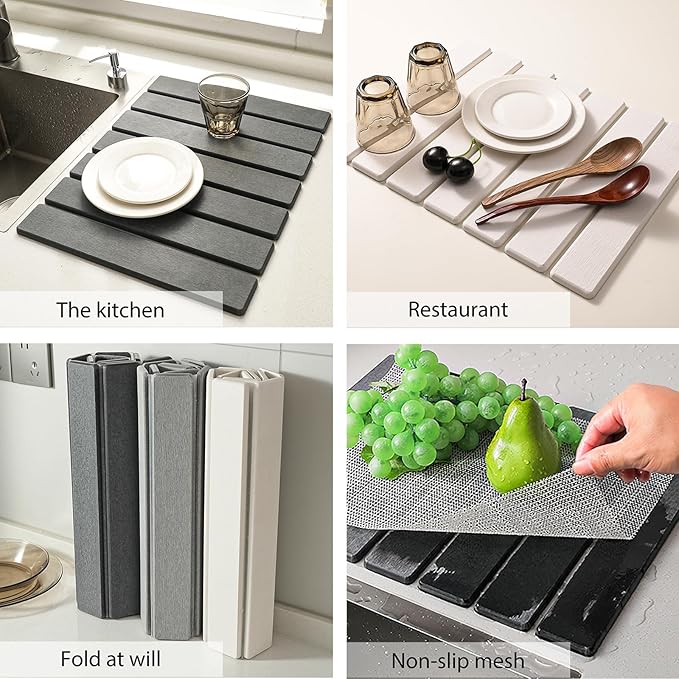 Large Stone Drying Mat for Kitchen Counter, 24''L x 16''W Diatomaceous Earth Collapsible Dish Drying Mat, Quick Drying Mat, Glasses and Flatware, Matches Any Countertop (White, 24'' x 16'')