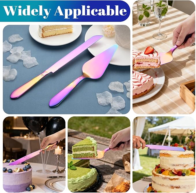 Eisinly Cake Cutting Set for Wedding, Elegant Cake Knife and Server Set with Thickened Stainless Steel Rounded Edges, Cake Cutter and Pie Spatula for Birthday Anniversary, 2 Pcs, Multipurple