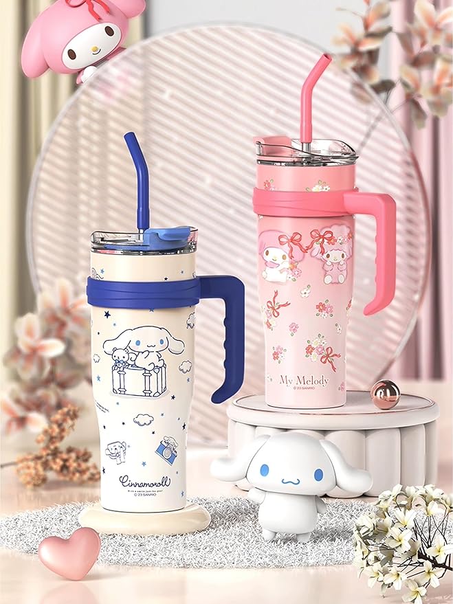 Cinnamoroll Stainless Steel Insulated Tumbler with Lid, Straw & Handle 1200ml - XL Size, White