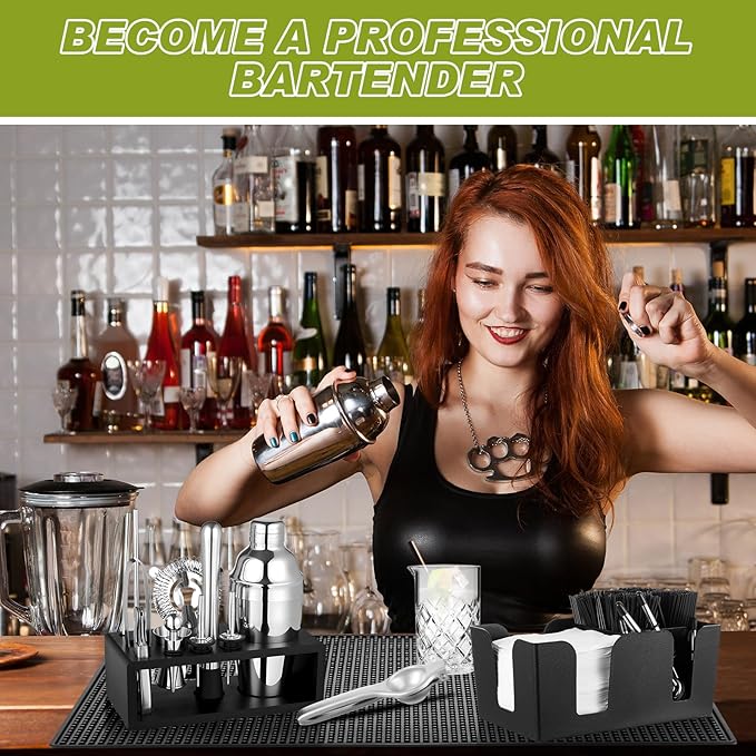 Mifoci 28 Pcs Bartender Kit, Mixologist Bartender Kit Garnish Tray with Lid Bar Caddy and 3 Tier Glass Rimmer, 17 Pcs Margarita Cocktail Shaker Set with Wooden Base for Home Bar Gift Set(PVA Plastic)