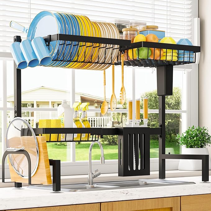 Sakugi Dish Drying Rack - Over The Sink Dish Drainer Drying Rack with Utensil & Knife Holder, Hooks, Stainless Steel Kitchen Organizers and Storage Solution, 11" D x 30.5"~34''W x 21.5" H, Black