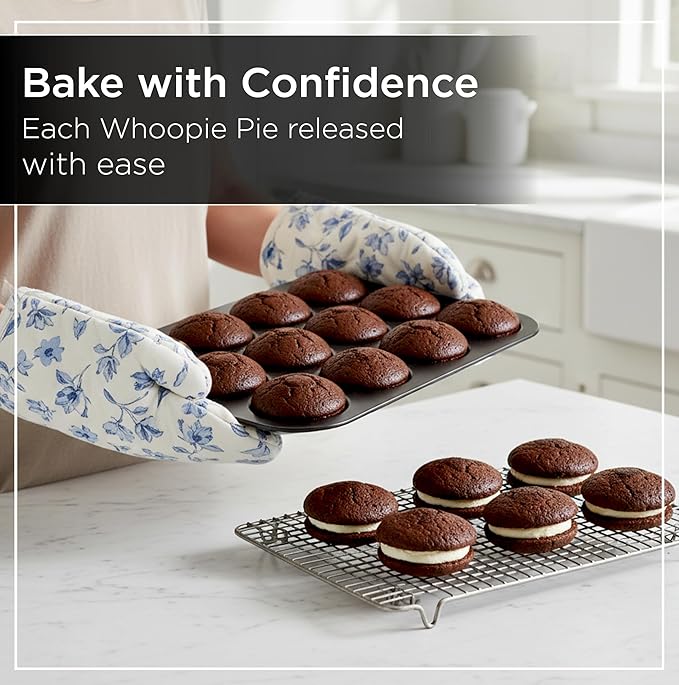 Wrenbury Nonstick Whoopie Pie Pan 12-Cup - Carbon Steel Shallow Baking Tray for Muffin Tops Macarons Cookies Yorkshire Puddings Cornbread & Burger Buns