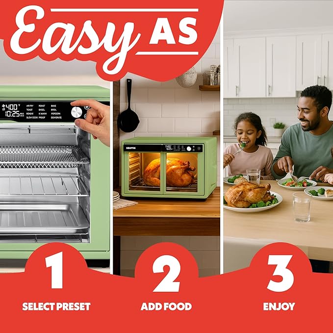 Gourmia French Door Air Fryer Oven - 37 Qt Large Capacity Convection Toaster Oven, FryForce 360°, Digital Display, 12 Cooking Presets, Dehydrate, Fits 13” Pizza, Dishwasher-Safe, Green