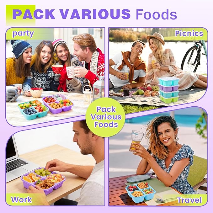 4 Pack Snack Containers Bento Box Adult Lunch Box,Meal Prep Container, Reusable Food Storage lunch Containers Stackable for Work, Travel and Gym (Blue, Green, Purple, Grass Green)