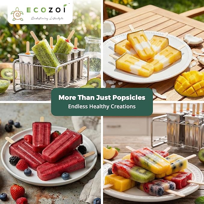 ecozoi Stainless Steel Popsicle Molds and Rack - 10 Square Ice Pop Makers + 50 Reusable Bamboo Sticks + 20 Silicone Seals + 1 Cleaning Brush + 1 Rack