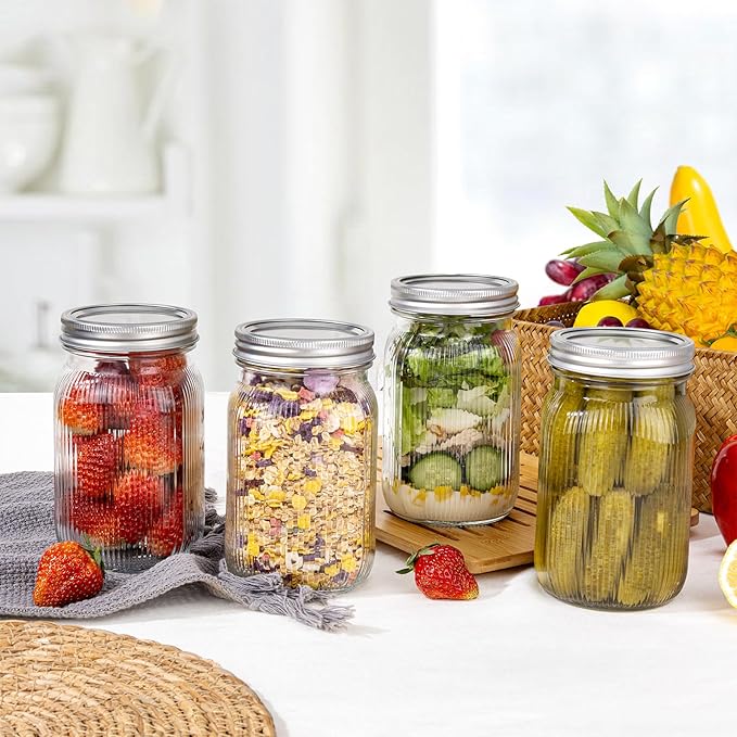 WELLIFE Clear Stripe Mason Jars 32oz-2Pcs