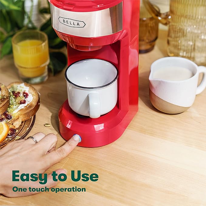 BELLA Dual Brew Single Serve Coffee Maker, Brews both Kcup and Ground Coffee, Large 14oz Capacity, Easy One Touch, Auto Shutoff, Red