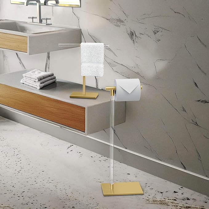 Gatco 1344B, Modern Rectangle Base Freestanding Countertop Towel Holder, Brushed Brass/Acrylic / 10.50" W x 11.13" H T-Shape Style Countertop Hand Towel Holder for Bathroom, Kitchen Towel Rack