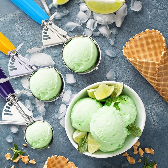Reallnaive 3 Pcs Release Cookie Scoops Ice Cream Scooper with Trigger Release Portion Scoop Stainless Steel for Portion Control, Baking Food, Cookie Dough (1 Oz+2 Oz+2.65 oz,Purple,Yellow,Blue)