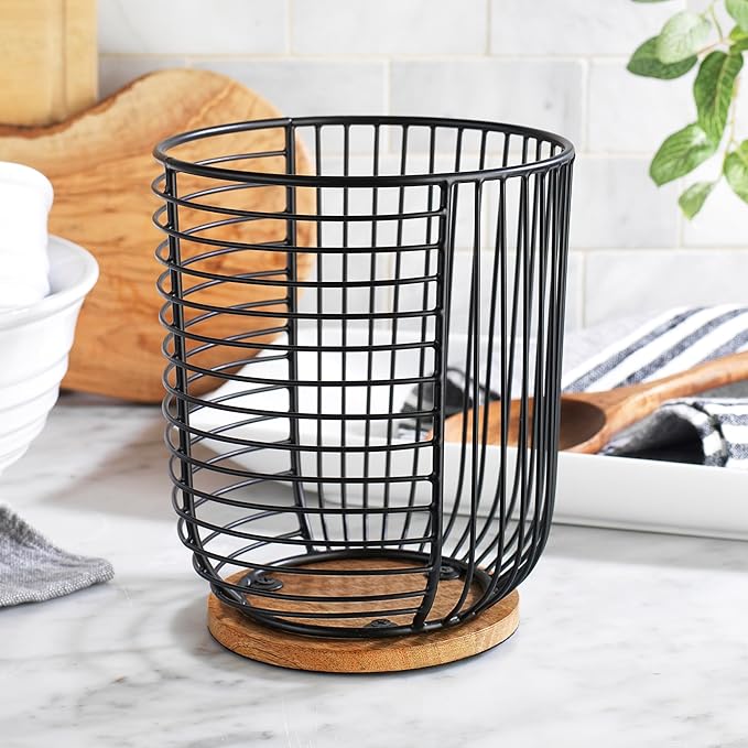 MosJos Coffee Pod Holder -Black Wire K Cup Storage with Wooden Base - Large Capacity Slim Design - Modern Coffee Basket Decor for Kitchen Countertop for Keurig Kcups & Espresso Capsules