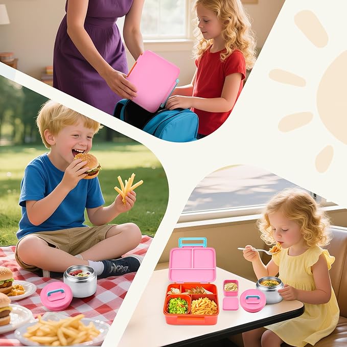 Bento Lunch Box for Kids with 8oz Soup Thermo Leak-Proof Lunch Food Containers with Snack Sauce Container for Kid Girls Boys to School,Pink