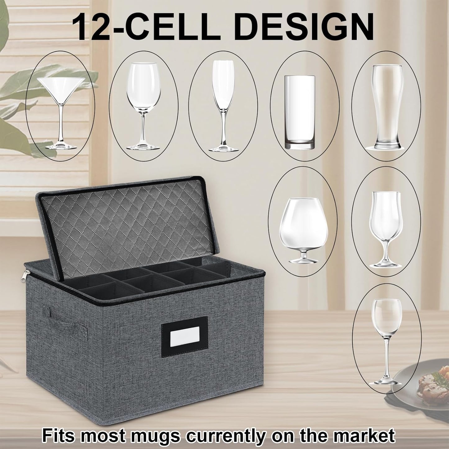 VERONLY 2 Pack Stemware and Glassware Storage Cases - Hard Shell Protection with Dividers for 24 Glasses, Stackable Moving Storage Container with Label & Handles - Crystal Glass - Dark Gray