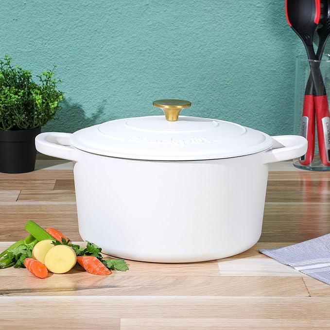 Crock-Pot Artisan 7-Quart Round Dutch Oven – Matte Linen White with Gold Knob, Enameled Cast Iron Cookware