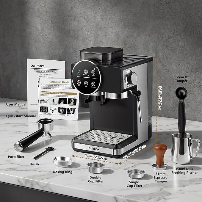 CUSIMAX Espresso Machine with Grinder, 20 Bar Professional Expresso Coffee Machines with Milk Frother Steam Wand, Espresso Maker with 60oz Removable Water Tank, Cappuccino & Latte Machine for Home