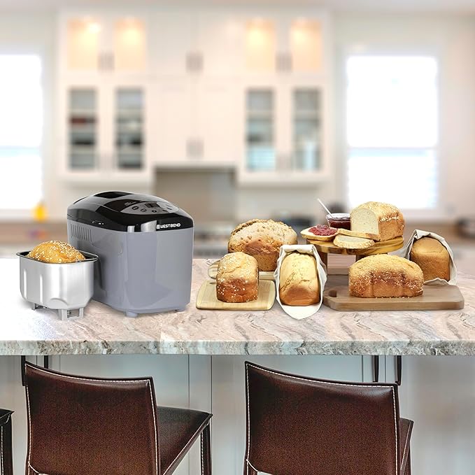 West Bend Hi-Rise Bread Maker Machine Programmable 12 Programs Including Gluten Free & 3 Loaf Sizes and Crust Colors with Traditionally-Shaped Horizontal Bread Pan with Dual Knead Blades, 3-Lb, Gray