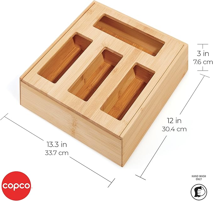 Copco 4 Compartment Storage Organizer for Gallon, Quart, Sandwich, and Snack Bags with Clear Labels, With In Drawer or Wall Mounting Feature For Space Saving