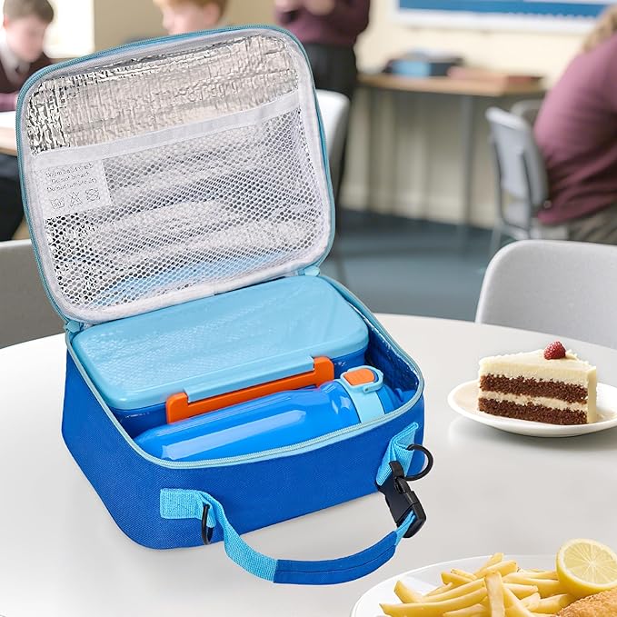 PIQUEBAR Kids Lunch Bento Box with 8oz Thermo Ice Pack Food Container with Insulated Lunch Bag, Insulated Water Bottle with Straw for Girls Boys, (A-Blue)