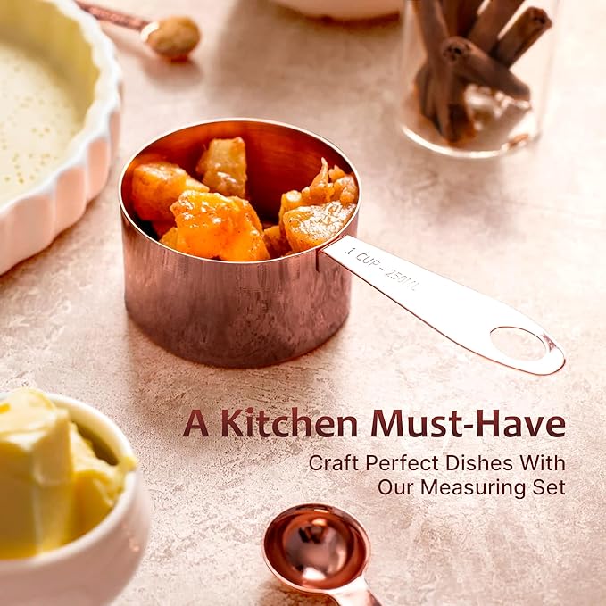 Measuring Cups and Spoons Set of 9, Utensils for Dry and Liquid Ingredients, Copper Kitchen Accessories, Rose Copper Decor for Home, Stackable, Sturdy Stainless Steel