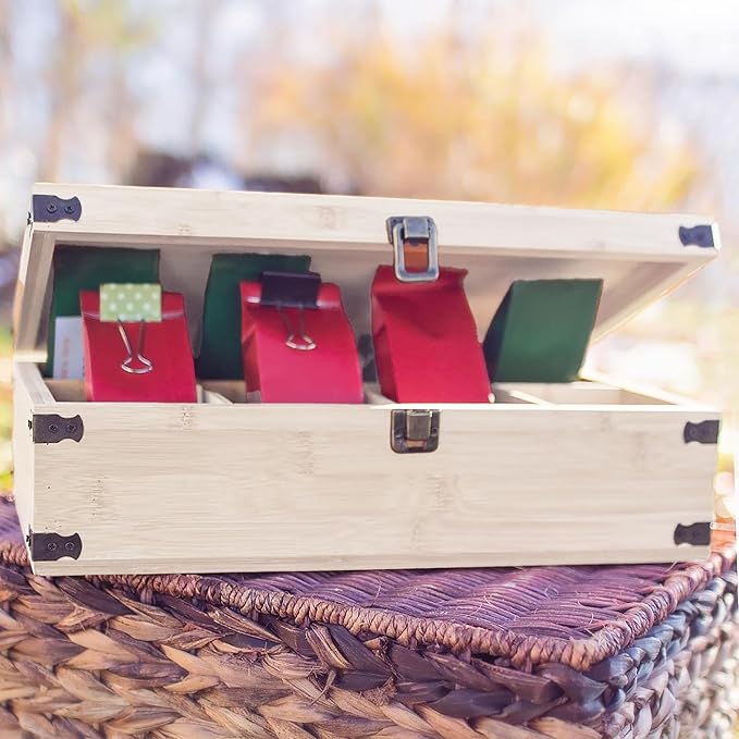 Large Wooden Tea Organizer Box, Big 14" Pine Storage Chest | 8-Slot Tall, Adjustable Shelves | 100% Handmade Craft Eco-Friendly Natural Décor