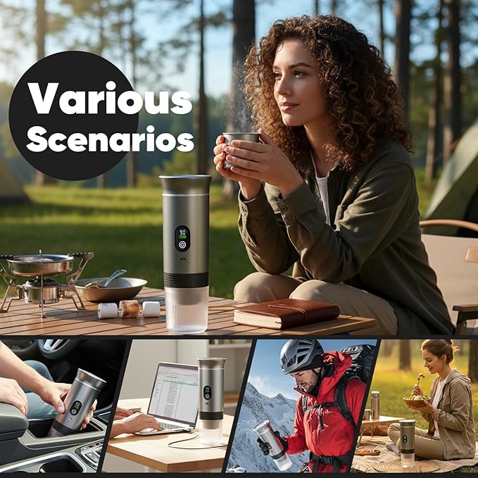 Portable 3-in-1 Espresso Coffee Maker, Self-Heating & Rechargeable with Smart Display — Works with Ground Coffee, Small & Large Capsules; Travel & Camping Mini Machine, 20-Bar Extraction, 80 ml Cup