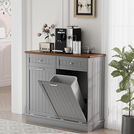 Betterhood Double Tilt Out Trash Cabinet with Power Outlet, 10 Gallon Trash Cabinet with Storage,Pet Proof Trash Can with 2 AC & USB Sockets for Kitchen,Living Room (Grey, Double Door)