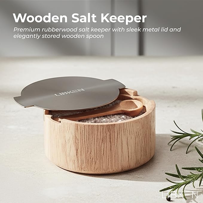 Wooden Salt Box with Stainless Steel Lid & Spoon – Rubberwood Keeper to avoid Dust, Minimal Scandinavian Bowl for Pepper, Spices, Herbs and Salt Storage Container - Wooden