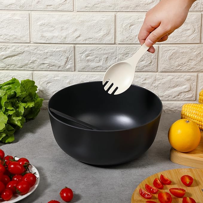 BAMBOO LAND- Large Salad Bowl with Wooden Lid, 10 Inch/108 Oz, Black, Bamboo Fiber Salad Bowl with Serving Utensils, Wide Applications