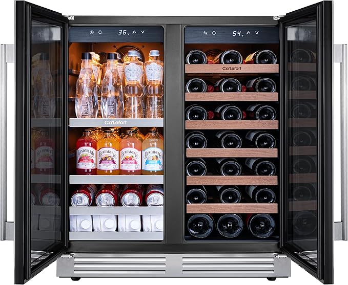 Ca'Lefort 30 Inch Wine and Beverage Refrigerator, 80 Can and 33 Bottle French Door Wine Refrigerator 36-72°F, 3 LED Wine Fridges with Glass Door, Built-in or Freestanding for Home/Kitchen (6.00 cu.ft)