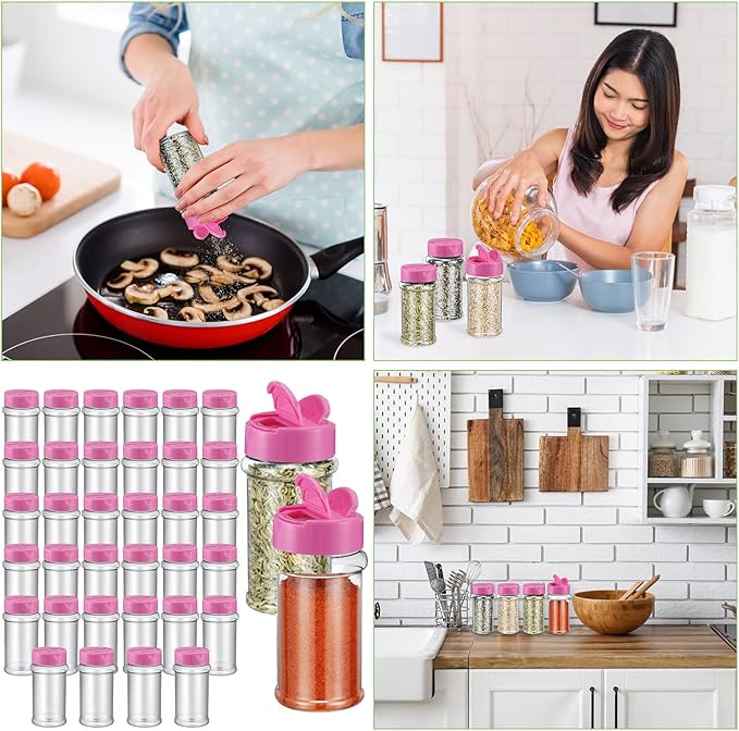 Jadive 36 Pcs 5.5 oz Plastic Spice Jars with Shaker Lids Clear Spice Bottles Plastic Seasoning Containers Empty Shaker for Kitchen Storing Herbs Seasoning Powders Pepper Dry Goods (Pink)