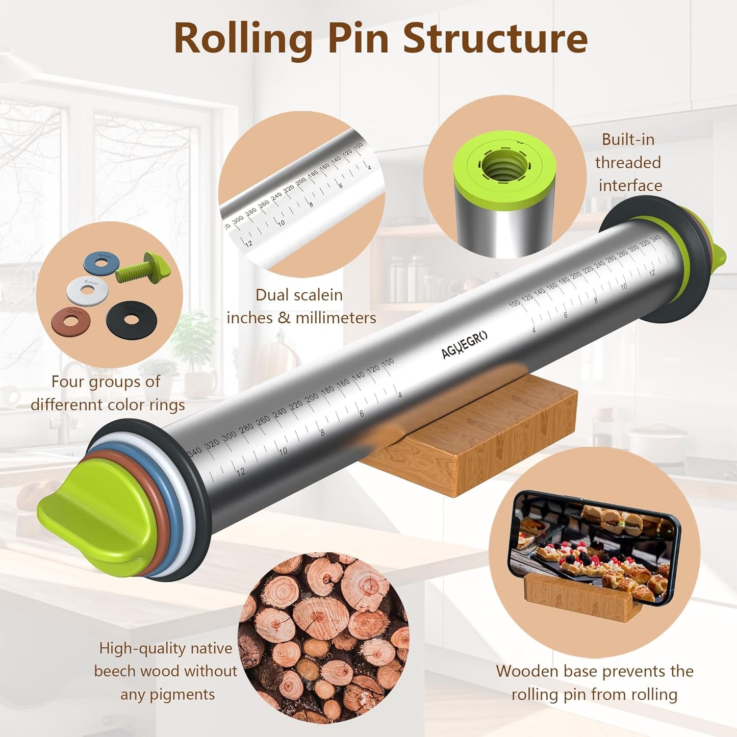 Stainless Steel Rolling Pin with Thickness Rings and Pastry Baking Mat for Baking, Fondant, Pizza, Pie, Cookies, Pastries, 13.6" Rolling Pin with 4 Multi-Color Thickness Rings and Wooden Stand