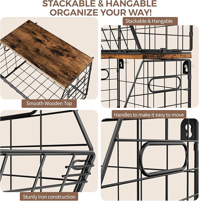Delamu Stackable Metal Fruit Basket with Wood Lid 2 Pack, Hanging Wall Organizer for Kitchen Counter, Pantry Storage for Onions, Potatoes, Garlic, Fruits, Spices, Black