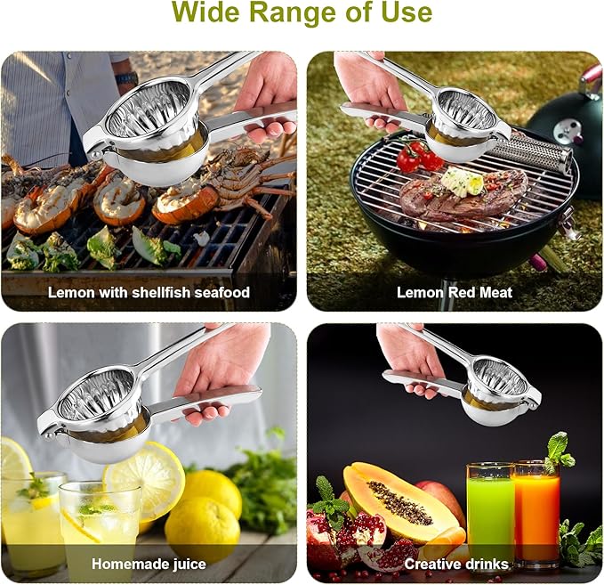 Lemon Squeezer Juicer for Lime and Lemon, Heavy Duty 304 Stainless Steel Manual Juicer with Large Bowl, Ergonomic Handle, Dishwasher Safe, with Cleaning Brush