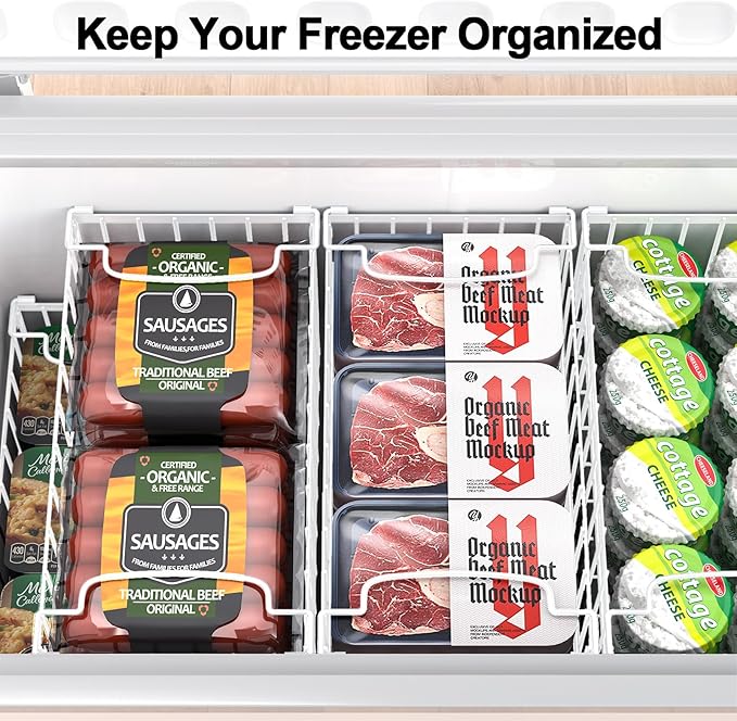 Freezer Organizer Bins, 4 Pack Stackable Deep Chest Freezer Organizer Bins, Foldable Baskets with Handles, White Storage Container Baskets for 5/ 7 Cu.FT Sort Frezen Meats