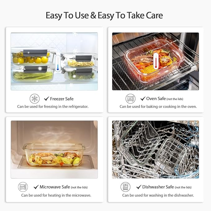 AILTEC 10 Pack Glass Meal Prep Containers, Glass Food Storage Containers with Lids Airtight, Storage Container Set with Lid for Food, Bpa-free, Leak-proof, Microwave Oven Freezer Dishwasher Safe