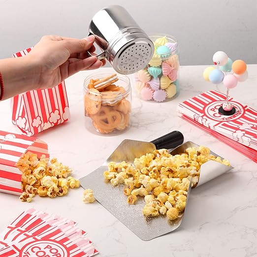 602 Popcorn Machine Supplies Set Sifting Speed Stainless Steel Popcorn Scoop Salt Shaker 600 Pcs 2 Styles 1 oz Bags Seasoning Dredge with Handle for Home Kitchen Theater Movie Tool