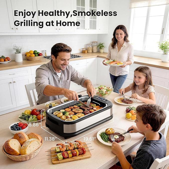 Kismile Smokeless Indoor Grill, 1500W Electric Grill Indoor with Tempered Glass Lid, Non-Stick Korean BBQ Grill with 6-Level Temp Control, Dual-Turbo Smoke Extractor, Drip Tray & Dishwasher-Safe Parts