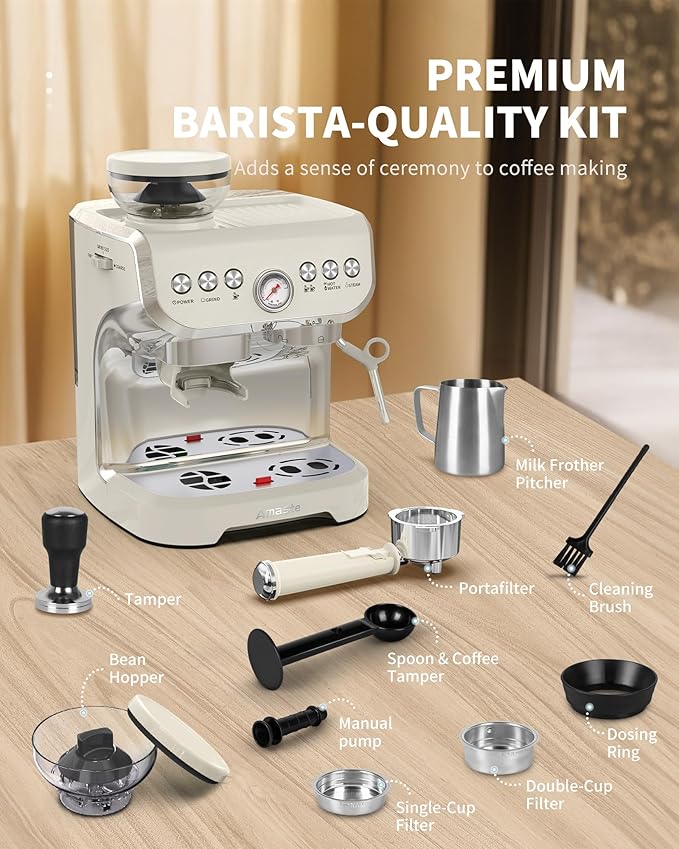 Amaste Espresso Machine with Grinder, 15 Bar Espresso Machine with Steam Wand for Latte and Cappuccino, 68Oz Water Tank, Pre-Infuse Brewing, Espresso Coffee Maker for Home Use, Barista Kit, White