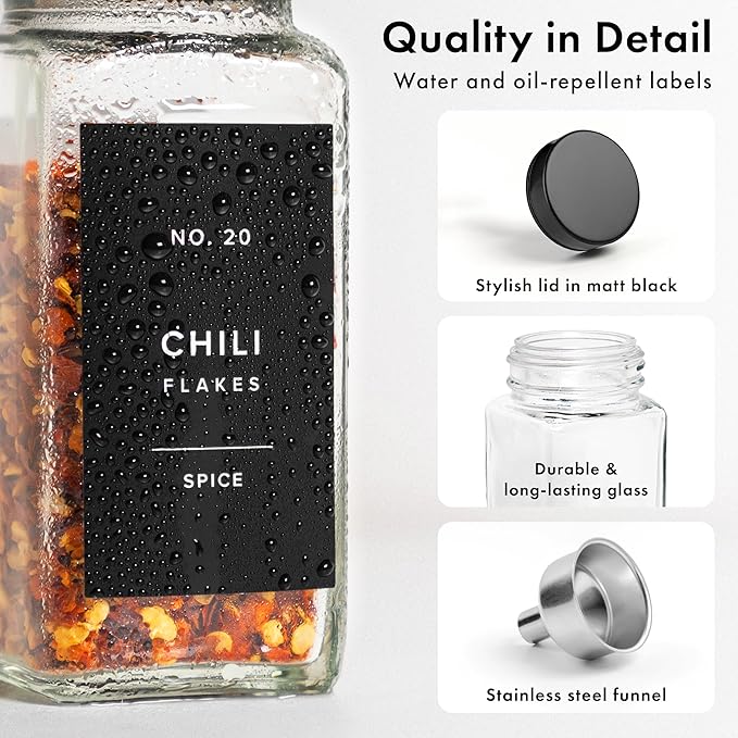 EDELHAUS Glass Spice Jars with Label and Black Lids (24 x 4oz) Spice Containers with 240 Labels, Shaker Inserts, Steel Funnel, Empty Square Empty Square Seasoning Organizer