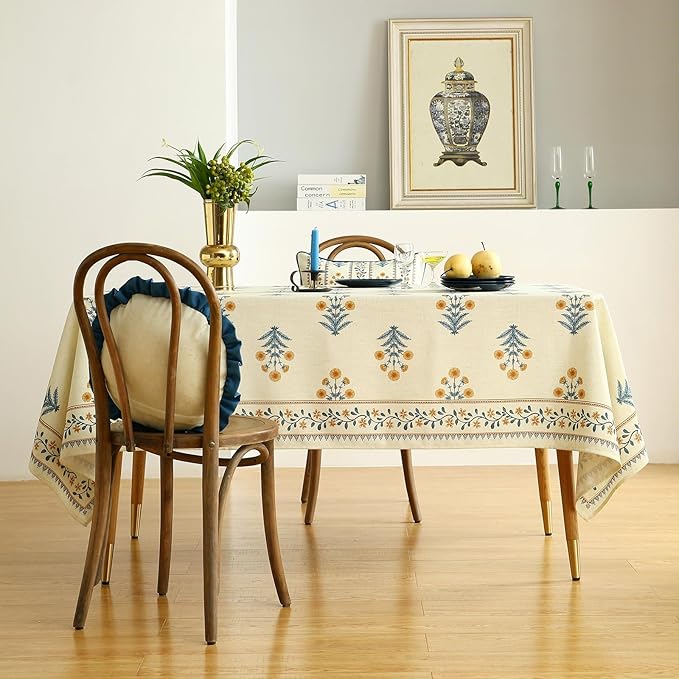 ISAENNE Designer French Pale Yellow Extra Long Rectangle Table Cloth,Linen Floral Tablecloth,Wrinkle Resistant Decor Tablecloths for Dining Thanksgiving Banquet Kitchen Party,67"*118"-Estevan A