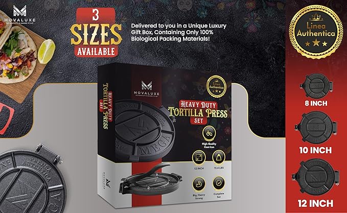 Movaluxe® Tortilla Press 12 Inch Cast Iron MEGA – Corn & Flour Roti Maker Machine Heavy Duty Tortillera Presser. With Parchment Paper, Warmer Pouch, Taco Holders, Rubber Mat & Digital Culinary Guide