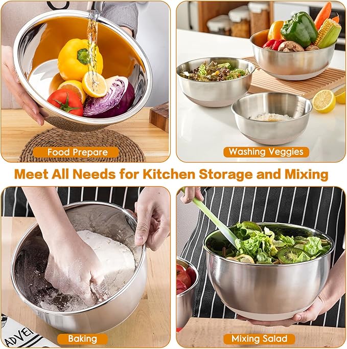 CHAREADA Mixing Bowls with Airtight Lids, 18pcs Stainless Steel Nesting Colorful Mixing Bowls Set Non-slip Silicone Bottom, Size 4.5, 3.6, 2.7, 2.1, 1.7, 1.1, 0.7 qt, Fit for Mixing & Serving (Khaki)