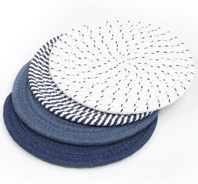 SHACOS 8 Inches Trivets for Hot Dishes, 4 Pieces Cotton Trivets Mats for Kitchen, Hot Pads for Countertops and Table, Heat-Resistant Pot Holders for Hot Pots and Pans(Blue, 4pcs)