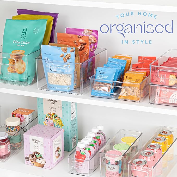 Clear Plastic Organizer Bins with Handles for Home Organization. Storage Containers for Organizing Fridge, Freezer, Cabinet. Pantry, Great for Kitchen, Garage, Laundry Room. 10"x8"x5"