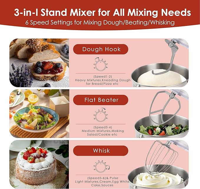 Kitchen in the box Stand Mixer - 8.5 Quart Mixing Bowl with Handle, 900 Watt Heavy Bread Dough Standing Mixers Tilt-head with Dough Hook, Whisk, Flat Beater and Splash Guard (Red)