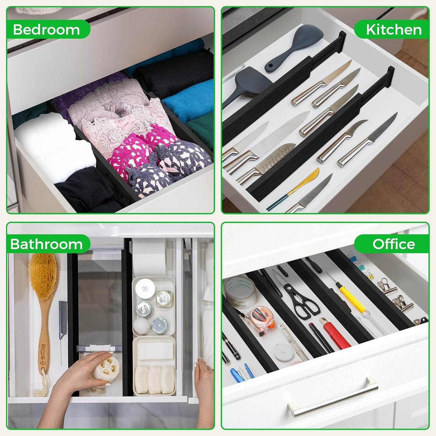 Bamboo Drawer Dividers Organizer with Inserts, Expandable from 12.5-21.7", Adjustable Drawer Organizer Separators for Utensils, Dresser, Bedroom, Bathroom, Closet, Clothing, Office (Black)