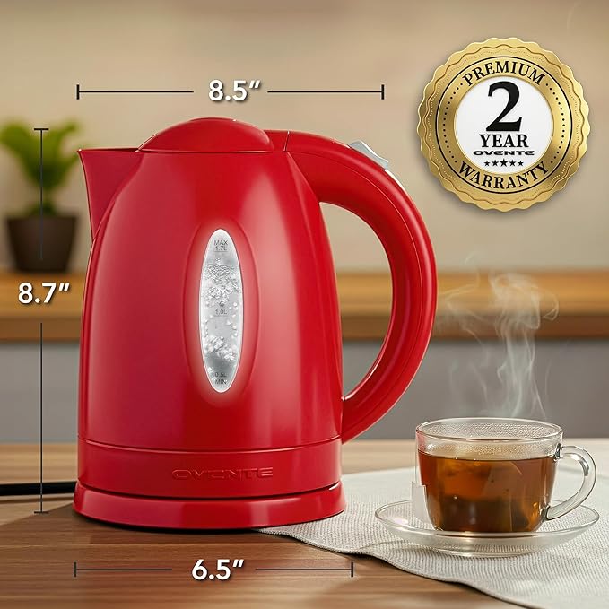 OVENTE Electric Kettle, 1.7L Fast Boiling Water Heater for Coffee or Tea, BPA Free with Water Level Gauge, Auto Shut-Off, Boil-Dry Protection, Indicator Light and Removable Filter, Red KP72R